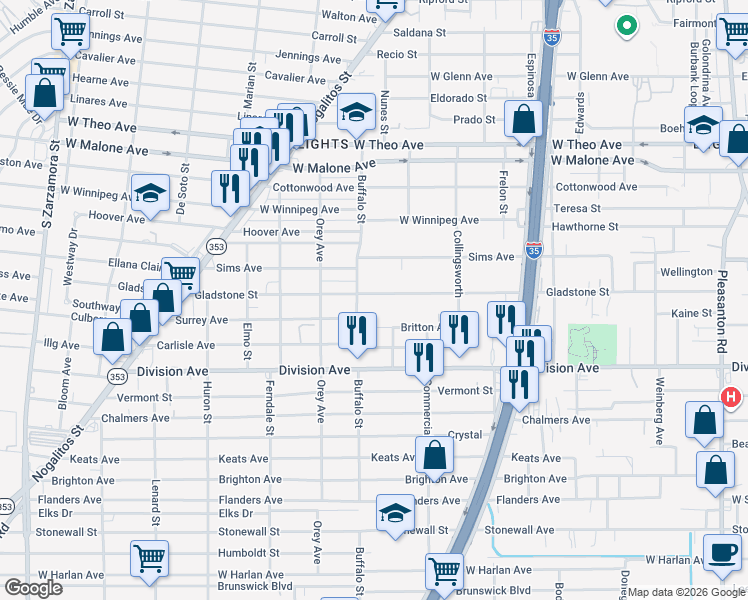 map of restaurants, bars, coffee shops, grocery stores, and more near 728 Gladstone Avenue in San Antonio