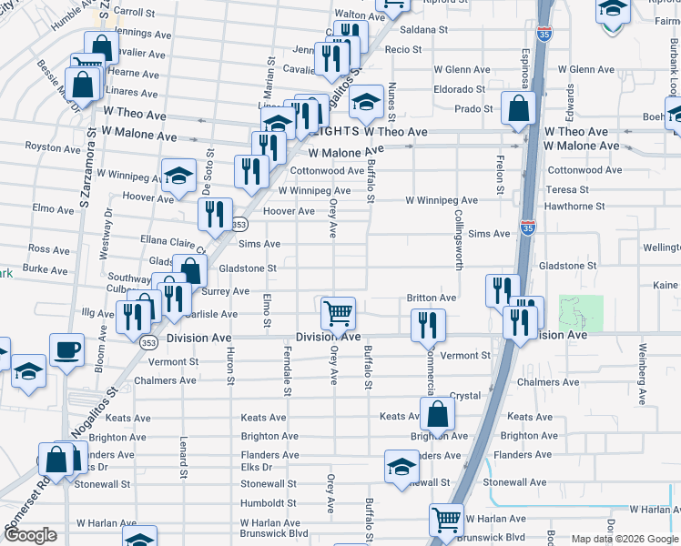 map of restaurants, bars, coffee shops, grocery stores, and more near 2 Orey Avenue in San Antonio