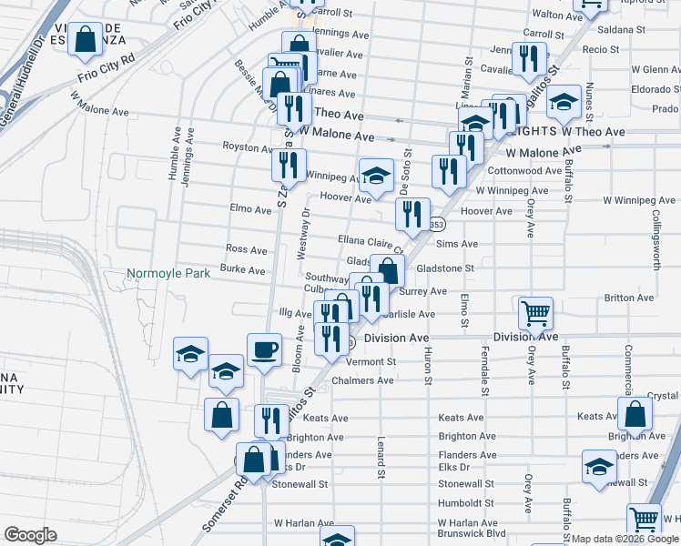 map of restaurants, bars, coffee shops, grocery stores, and more near 141 Southway Drive in San Antonio