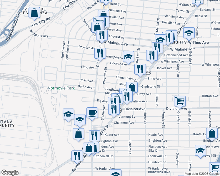map of restaurants, bars, coffee shops, grocery stores, and more near 227 Southway Drive in San Antonio