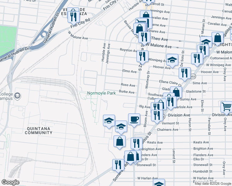 map of restaurants, bars, coffee shops, grocery stores, and more near 210 Burke Avenue in San Antonio