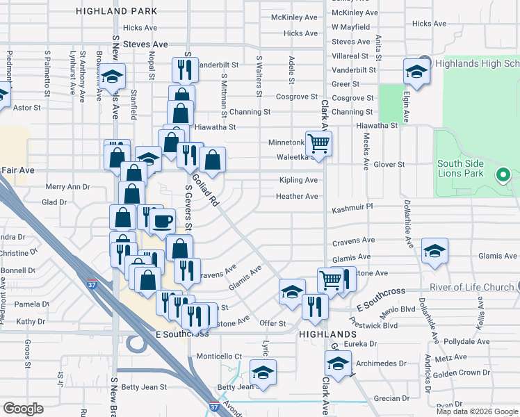map of restaurants, bars, coffee shops, grocery stores, and more near 107 Kashmuir Place in San Antonio