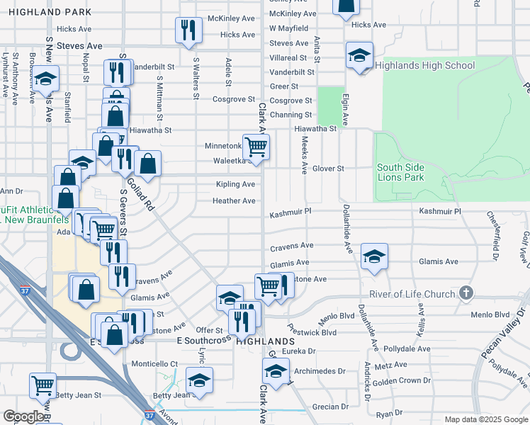 map of restaurants, bars, coffee shops, grocery stores, and more near 303 Kashmuir Place in San Antonio
