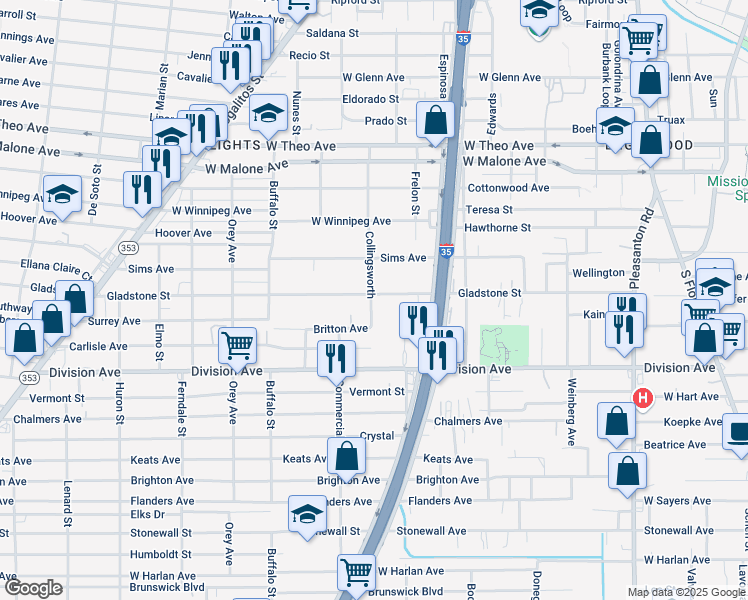 map of restaurants, bars, coffee shops, grocery stores, and more near 554 Gladstone Avenue in San Antonio