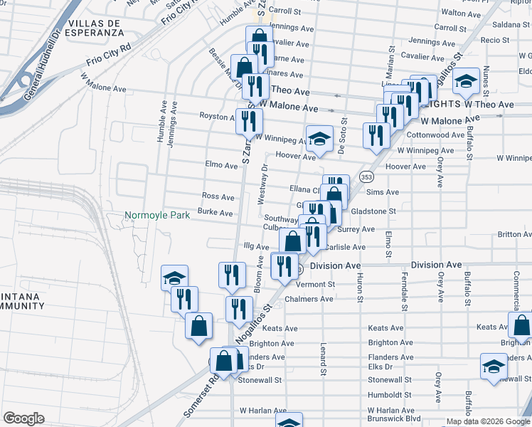 map of restaurants, bars, coffee shops, grocery stores, and more near 227 Southway Dr in San Antonio