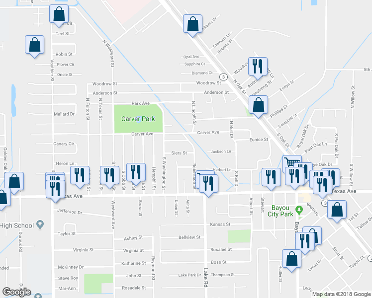 map of restaurants, bars, coffee shops, grocery stores, and more near 6218 Siers Street in Texas City