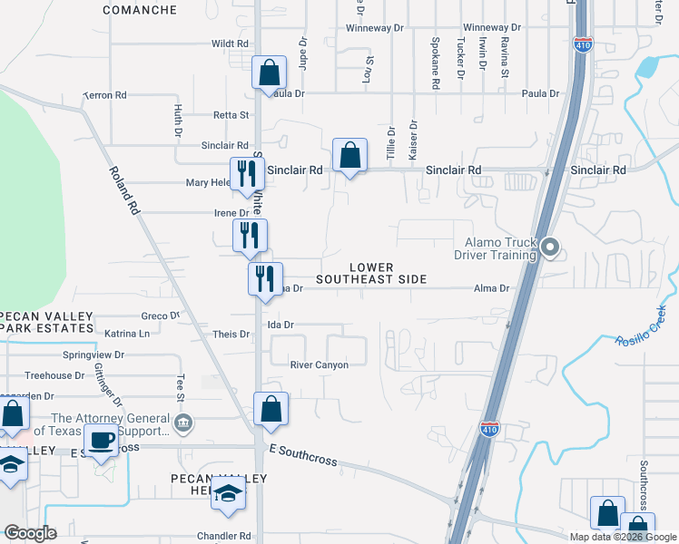 map of restaurants, bars, coffee shops, grocery stores, and more near 4710 Alma Drive in San Antonio