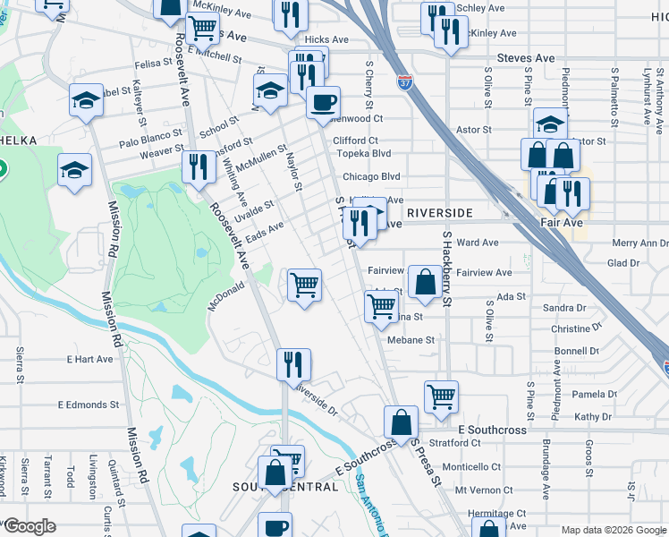 map of restaurants, bars, coffee shops, grocery stores, and more near 139 Dimmit Street in San Antonio