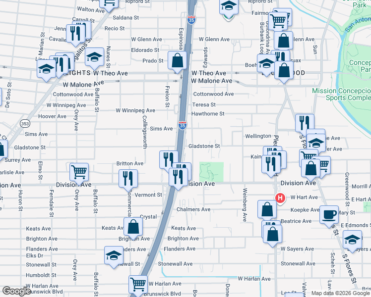 map of restaurants, bars, coffee shops, grocery stores, and more near 410 Gladstone Street in San Antonio