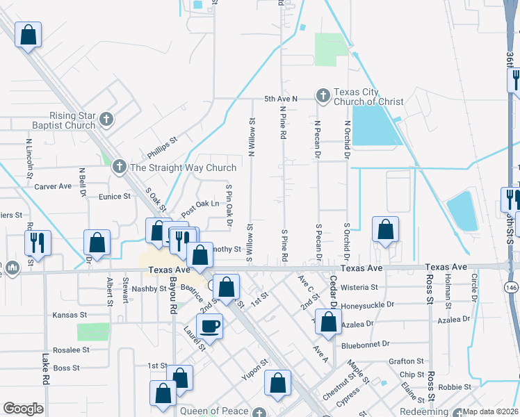 map of restaurants, bars, coffee shops, grocery stores, and more near 120 South Willow Street in Texas City