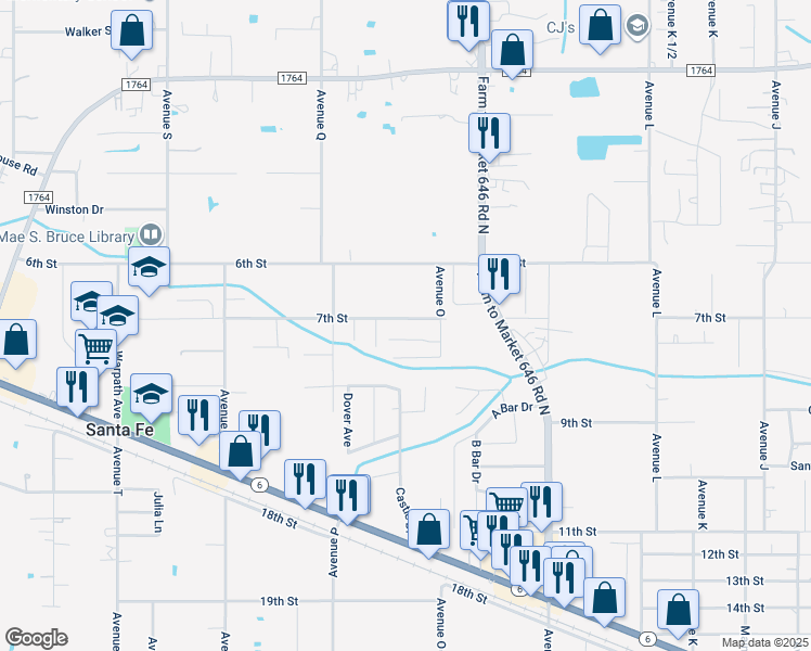 map of restaurants, bars, coffee shops, grocery stores, and more near 4120 Avenue O in Santa Fe