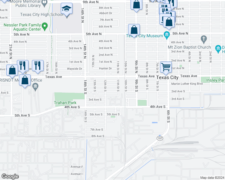 map of restaurants, bars, coffee shops, grocery stores, and more near 1120 2nd Avenue South in Texas City