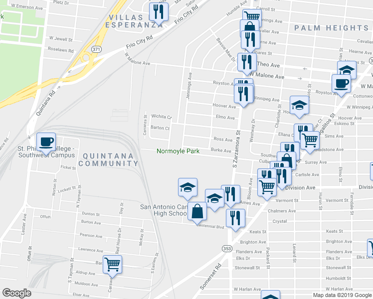 map of restaurants, bars, coffee shops, grocery stores, and more near 246 Burke Avenue in San Antonio