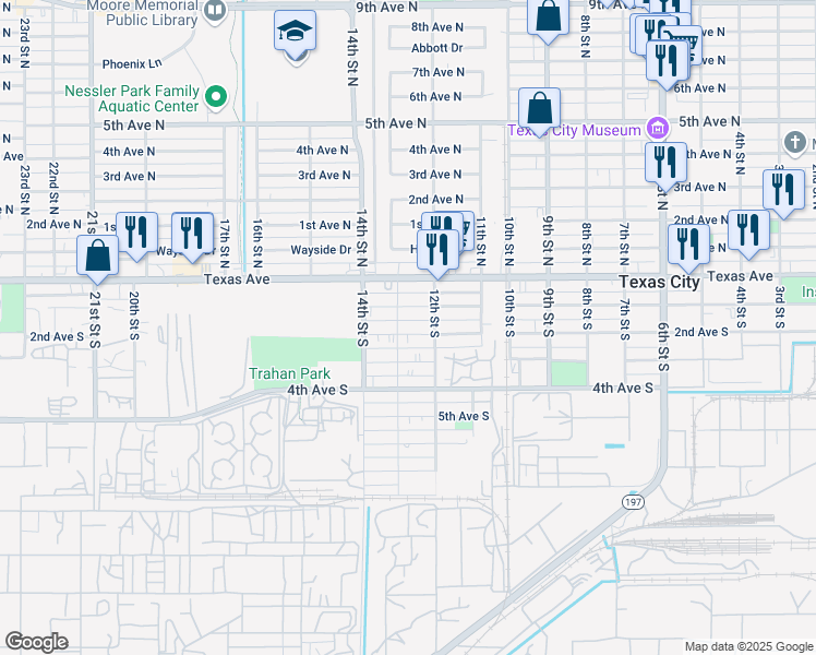 map of restaurants, bars, coffee shops, grocery stores, and more near 1221 2nd Avenue South in Texas City