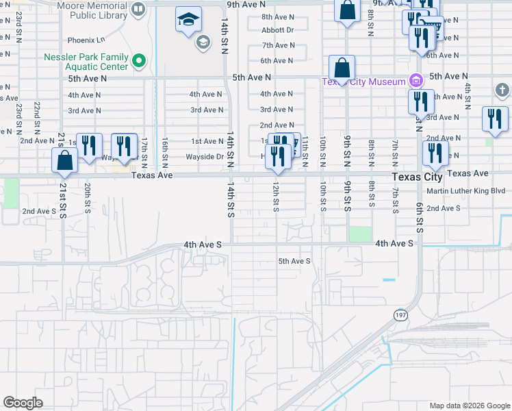 map of restaurants, bars, coffee shops, grocery stores, and more near 1221 2nd Avenue South in Texas City