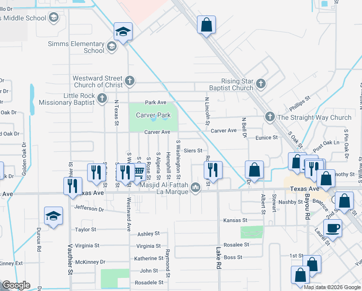 map of restaurants, bars, coffee shops, grocery stores, and more near 114 South Washington Street in Texas City