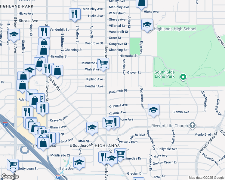 map of restaurants, bars, coffee shops, grocery stores, and more near 303 Kashmuir Place in San Antonio