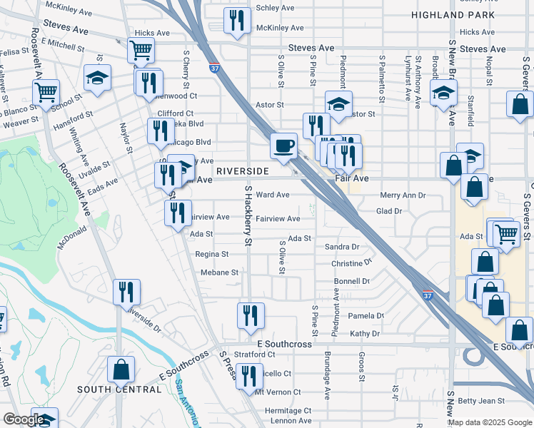 map of restaurants, bars, coffee shops, grocery stores, and more near 334 Fairview Avenue in San Antonio