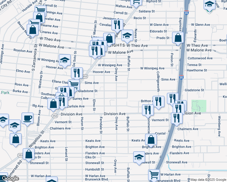 map of restaurants, bars, coffee shops, grocery stores, and more near 2 Orey Avenue in San Antonio