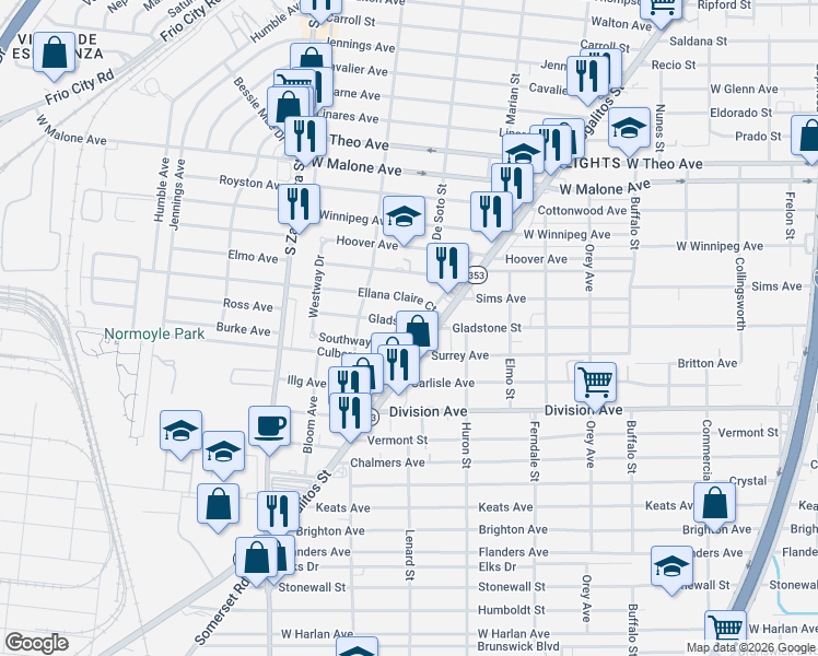 map of restaurants, bars, coffee shops, grocery stores, and more near 110 Southway Drive in San Antonio
