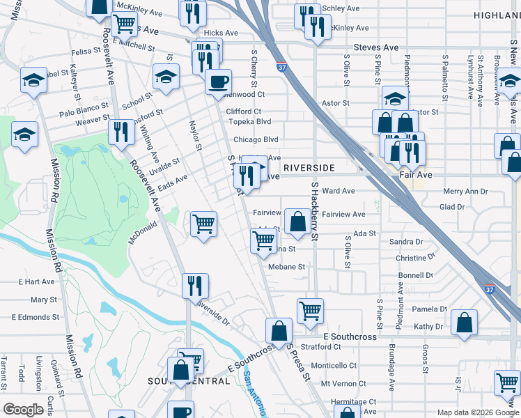 map of restaurants, bars, coffee shops, grocery stores, and more near 128 Fairview Avenue in San Antonio