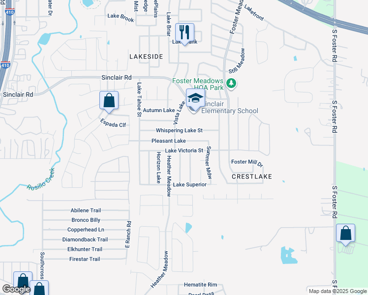 map of restaurants, bars, coffee shops, grocery stores, and more near 6119 Lake Victoria Street in San Antonio