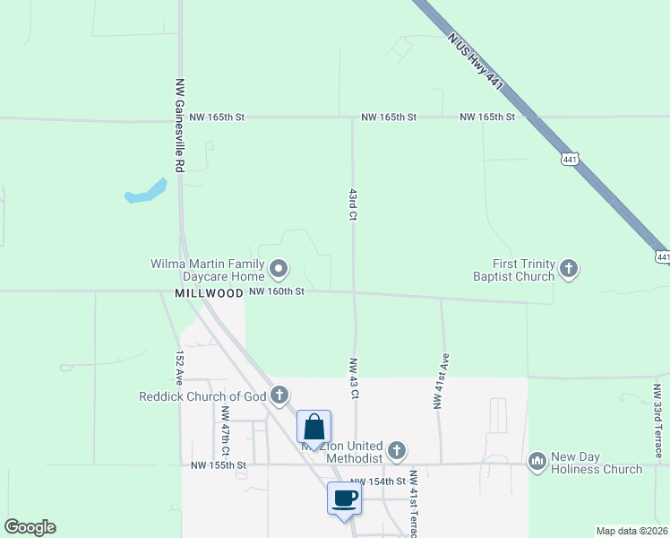 map of restaurants, bars, coffee shops, grocery stores, and more near 16053 Northwest 44th Court in Reddick