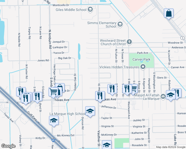 map of restaurants, bars, coffee shops, grocery stores, and more near 7501 Canary Circle in Texas City