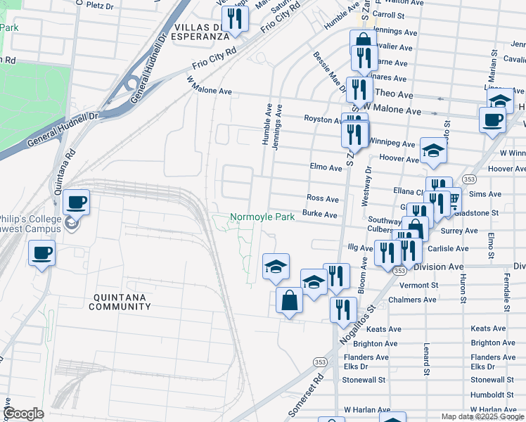 map of restaurants, bars, coffee shops, grocery stores, and more near 246 Burke Avenue in San Antonio