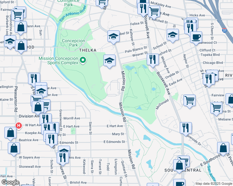 map of restaurants, bars, coffee shops, grocery stores, and more near C Street in San Antonio
