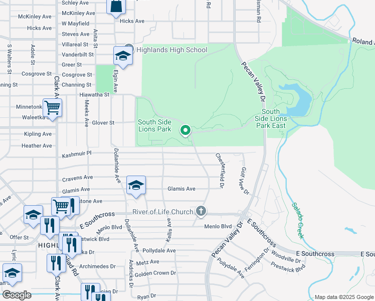 map of restaurants, bars, coffee shops, grocery stores, and more near 643 Kashmuir Place in San Antonio