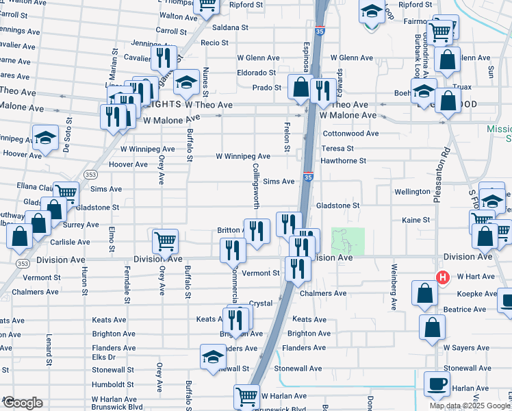 map of restaurants, bars, coffee shops, grocery stores, and more near 554 Gladstone Avenue in San Antonio