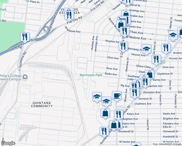 map of restaurants, bars, coffee shops, grocery stores, and more near 246 Burke Avenue in San Antonio