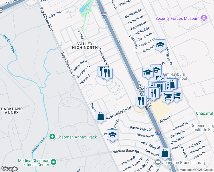map of restaurants, bars, coffee shops, grocery stores, and more near 4917 Ravenswood Drive in San Antonio