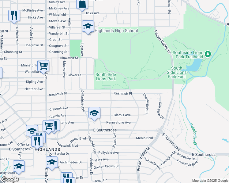 map of restaurants, bars, coffee shops, grocery stores, and more near 611 Kashmuir Place in San Antonio