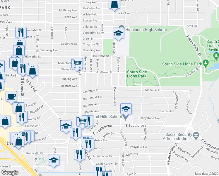 map of restaurants, bars, coffee shops, grocery stores, and more near 433 Kashmuir Place in San Antonio