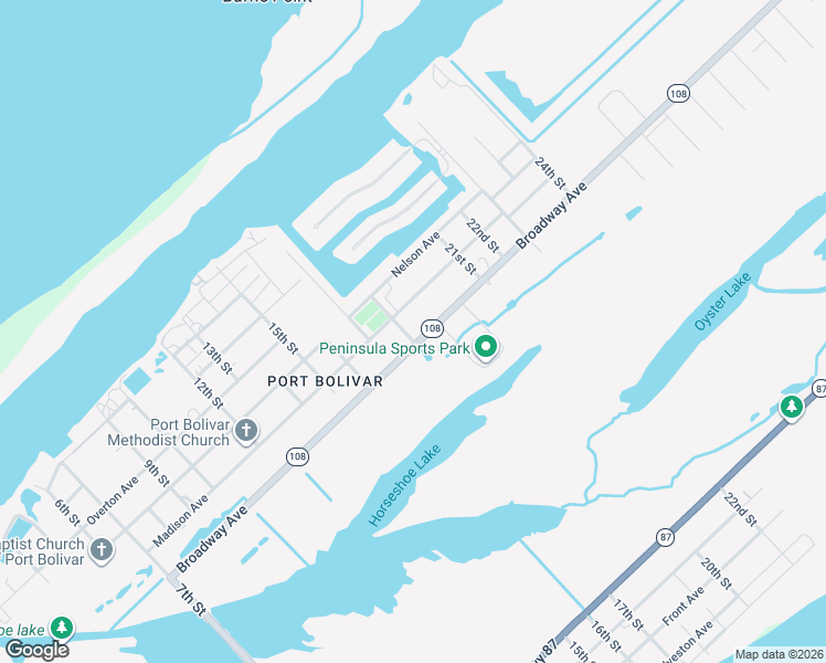 map of restaurants, bars, coffee shops, grocery stores, and more near 1305 18th Street in Galveston