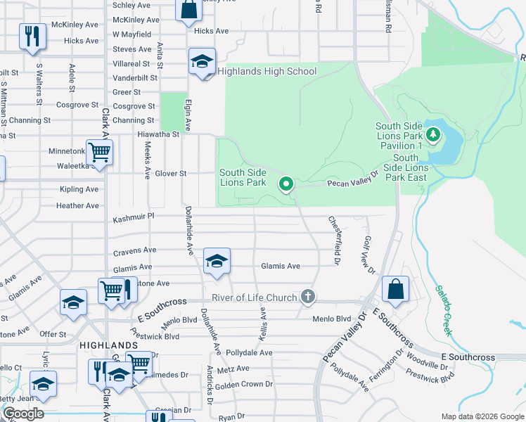 map of restaurants, bars, coffee shops, grocery stores, and more near 606 Kashmuir Place in San Antonio