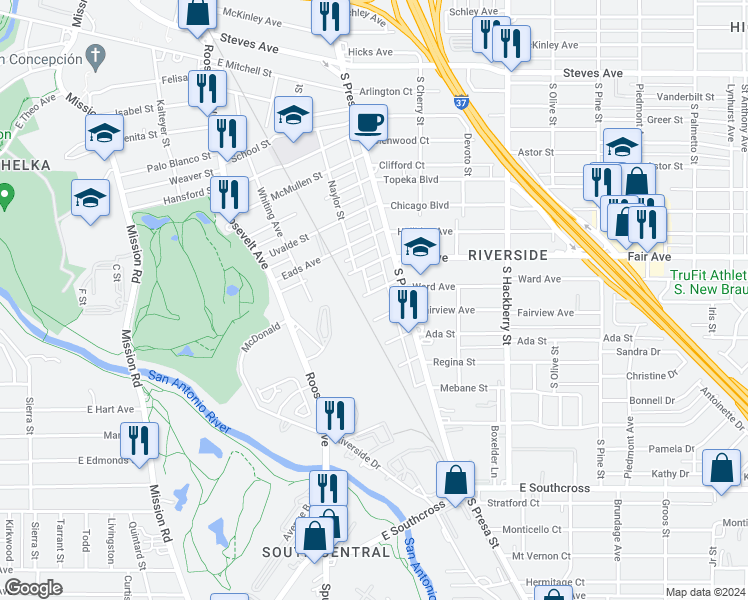 map of restaurants, bars, coffee shops, grocery stores, and more near 139 Dimmit Street in San Antonio