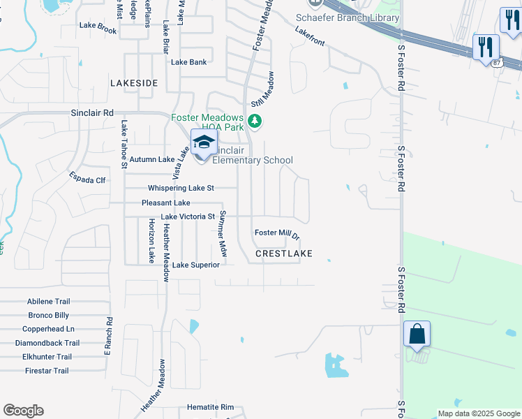 map of restaurants, bars, coffee shops, grocery stores, and more near 3935 Southern Grove in San Antonio