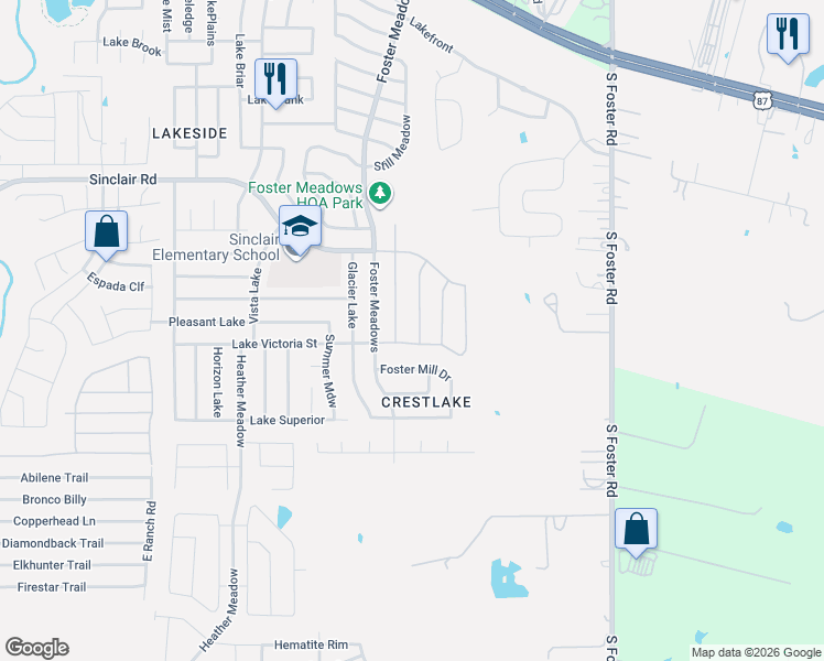 map of restaurants, bars, coffee shops, grocery stores, and more near 6234 Lake Victoria Street in San Antonio
