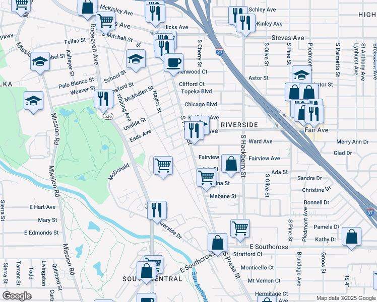 map of restaurants, bars, coffee shops, grocery stores, and more near 4201 South Presa Street in San Antonio