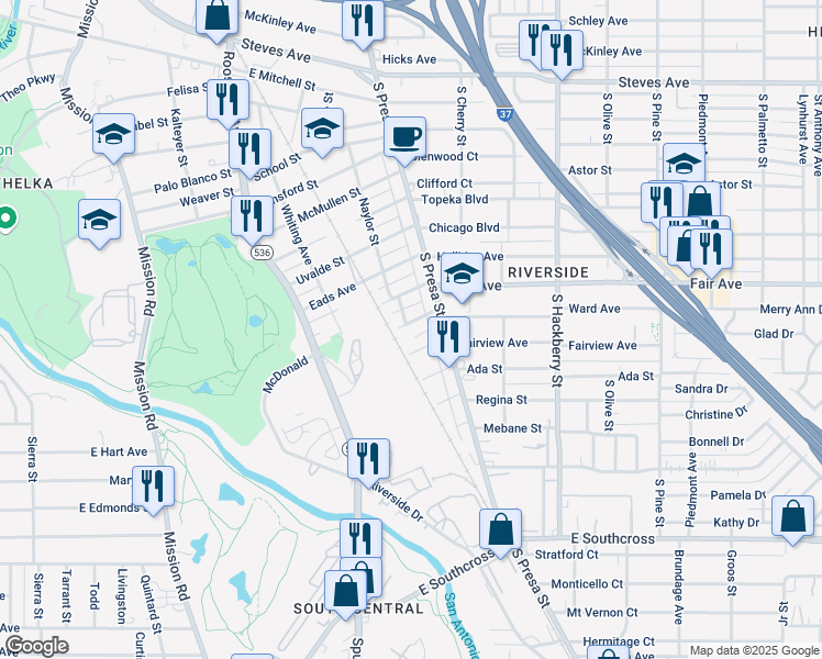 map of restaurants, bars, coffee shops, grocery stores, and more near 139 Dimmit Street in San Antonio