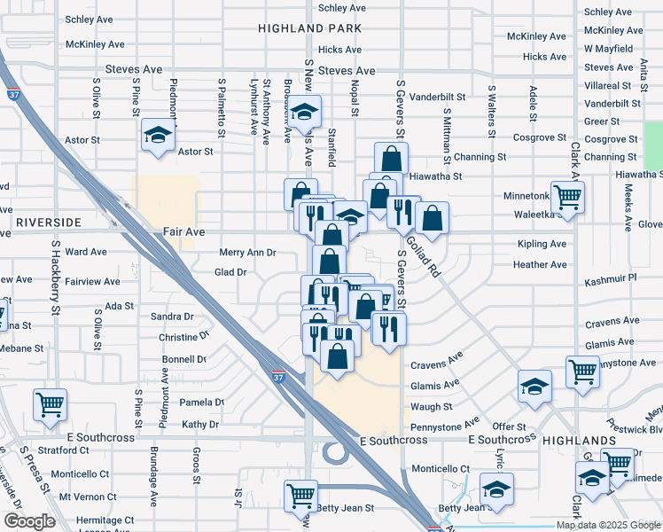 map of restaurants, bars, coffee shops, grocery stores, and more near 3524 South New Braunfels Avenue in San Antonio