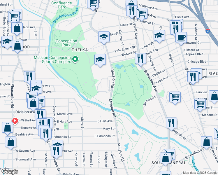 map of restaurants, bars, coffee shops, grocery stores, and more near C Street in San Antonio