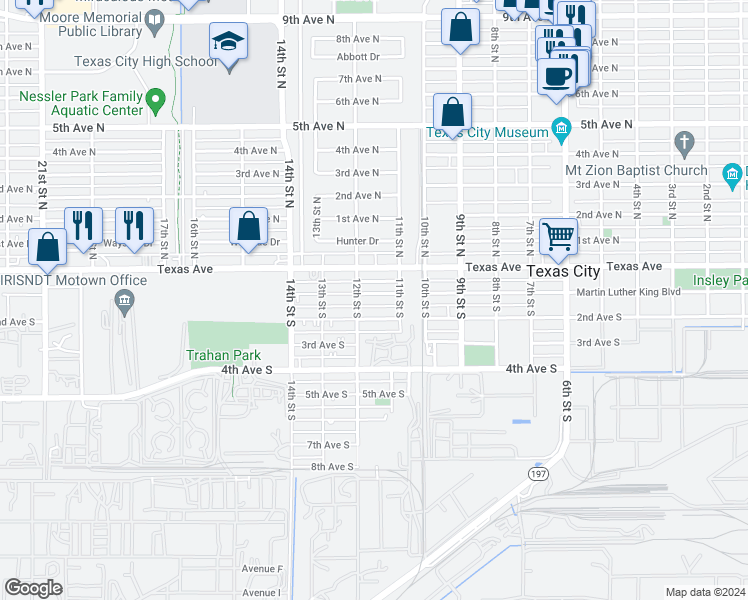 map of restaurants, bars, coffee shops, grocery stores, and more near 1125 1st Avenue South in Texas City