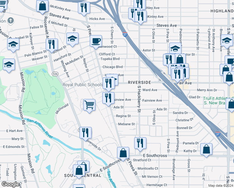 map of restaurants, bars, coffee shops, grocery stores, and more near 134 Ward Avenue in San Antonio