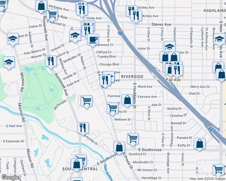 map of restaurants, bars, coffee shops, grocery stores, and more near 138 Fair Avenue in San Antonio