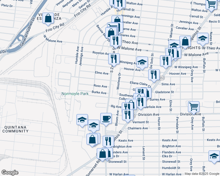 map of restaurants, bars, coffee shops, grocery stores, and more near 4211 South Zarzamora Street in San Antonio