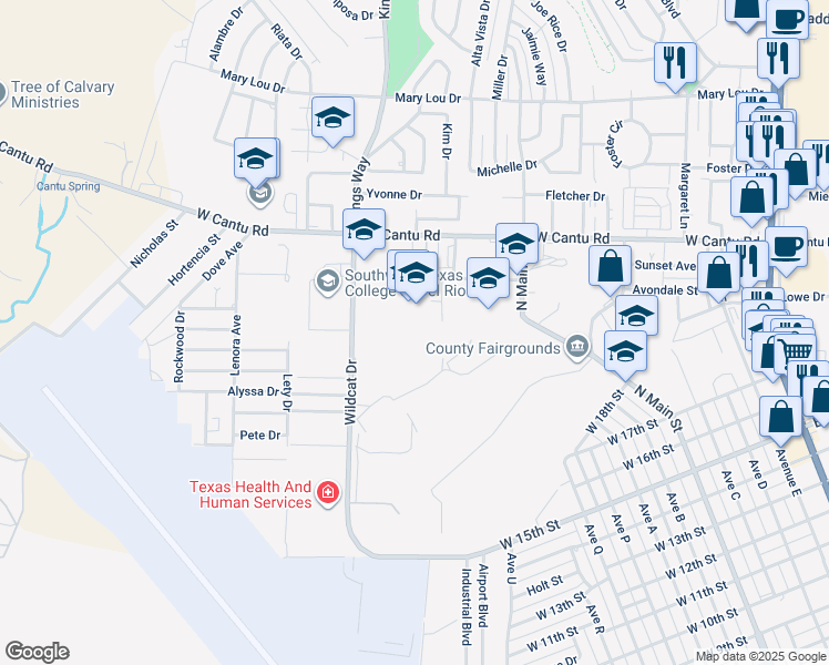 map of restaurants, bars, coffee shops, grocery stores, and more near 100 Memorial Drive in Del Rio